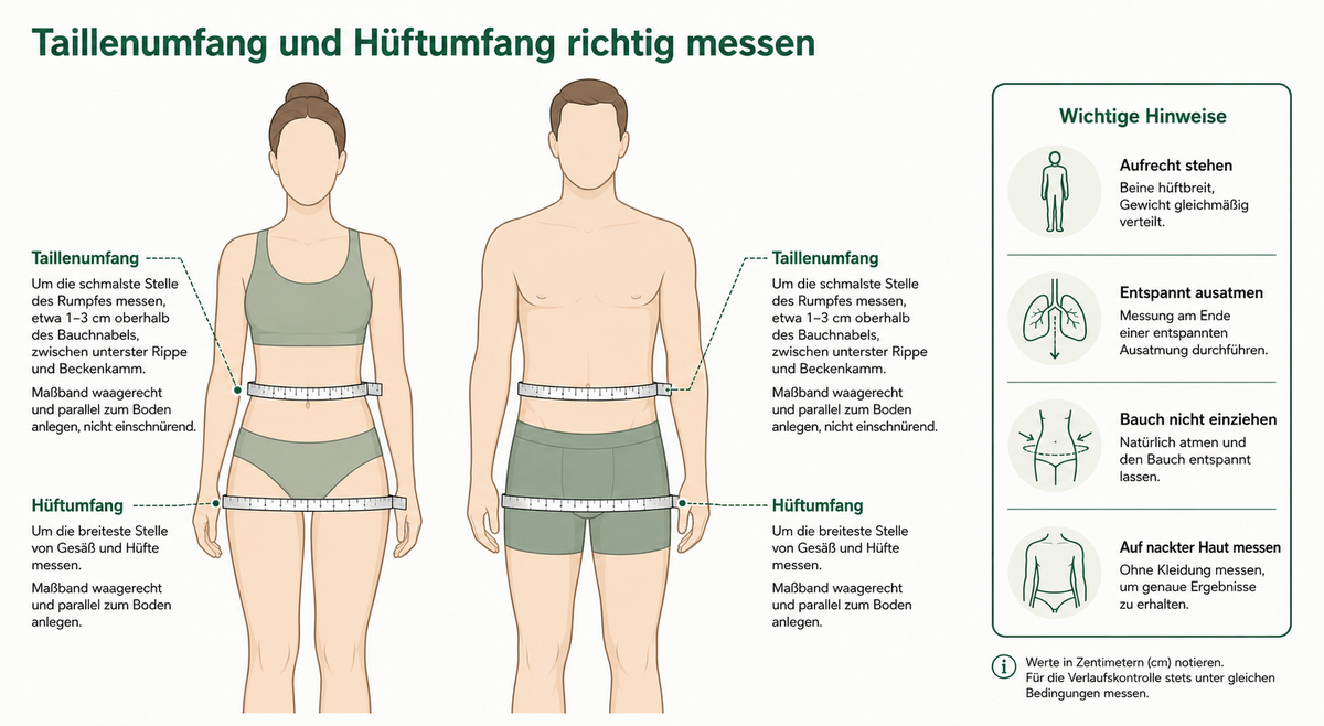 Anleitung zur richtigen Messung von Taillenumfang und Hüftumfang: Taille an der schmalsten Stelle 1–3 cm über dem Bauchnabel, Hüfte an der breitesten Stelle, Maßband waagerecht